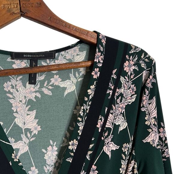 BCBGMaxazria Isabella Asymmetrical Floral Wrap Dress Green Black Size Small - Picture 5 of 7